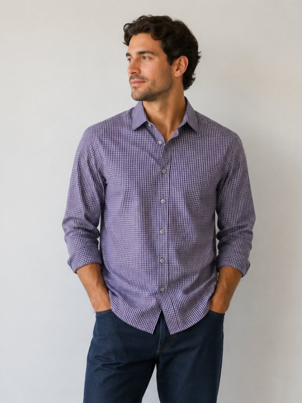 Kenneth Cole Reaction Purple Gingham Slim Fit Dress Shirt Men's M 15.5